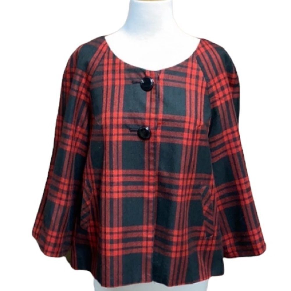 Larry Levine Crop 3/4 Sleeve Plaid 2 Button Jacket